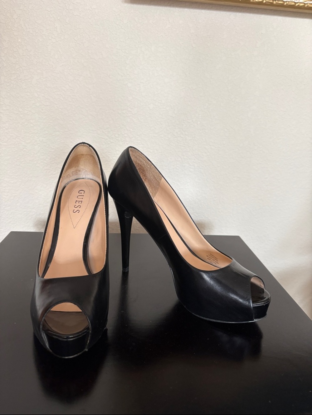 GUESS Black Leather Peep-Toe Stiletto Pumps